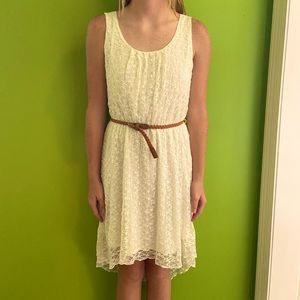 White lacey dress with brown belt